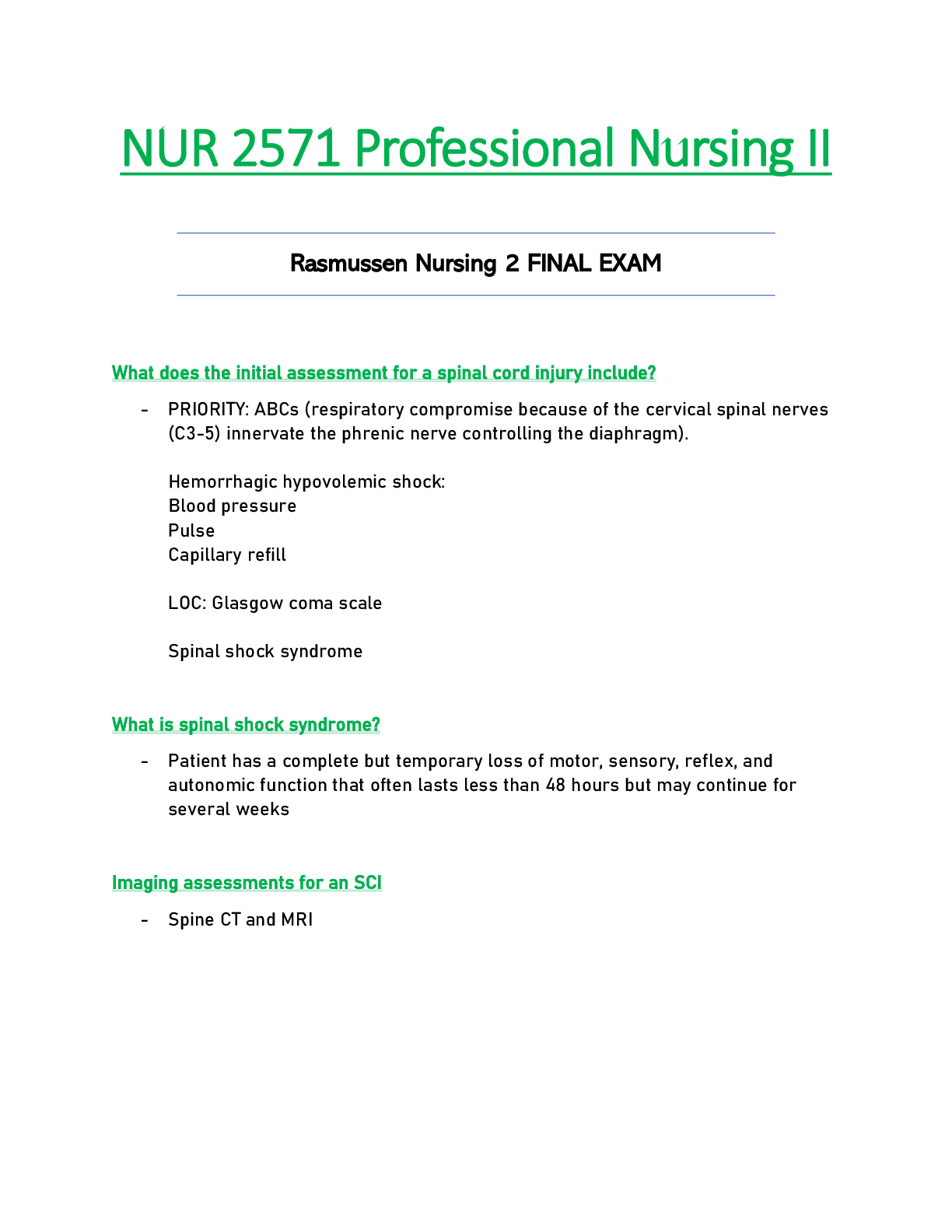 Preview image for NUR 2571 / NUR2571 Final Exam Updated: Professional Nursing II / PN 2 - Rasmussen